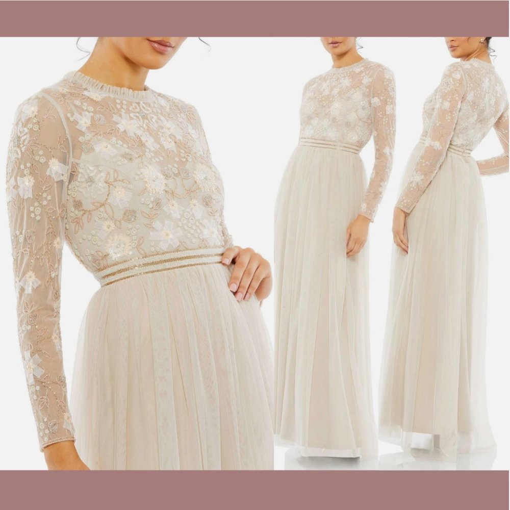 NWT $598 Mac Duggal [ 22 ]‎ Embellished Illusion High Neck Gown in Vanilla Cream